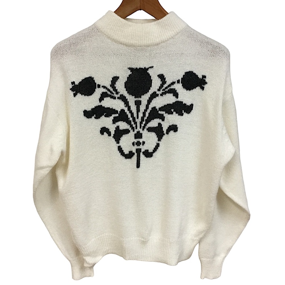 ALFRED DUNNER sz Large Sweater Contemporary Pullover Black Tulips Cream